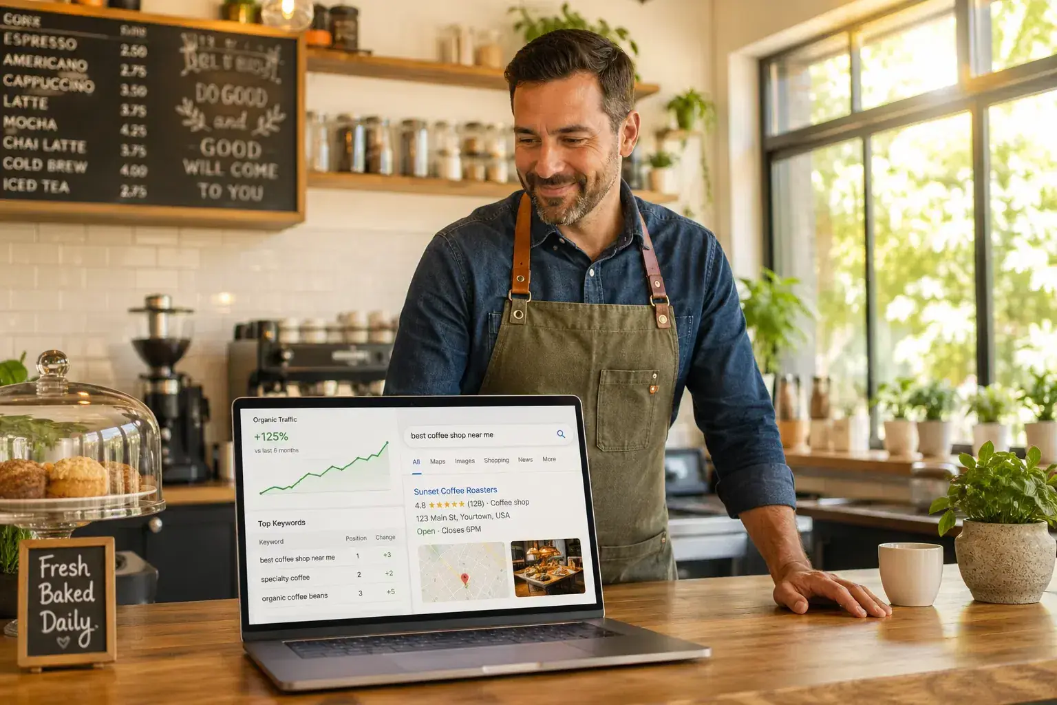 Small business owner in a modern café reviewing a laptop with a rising performance graph and search results, standing behind the counter in warm morning light.
