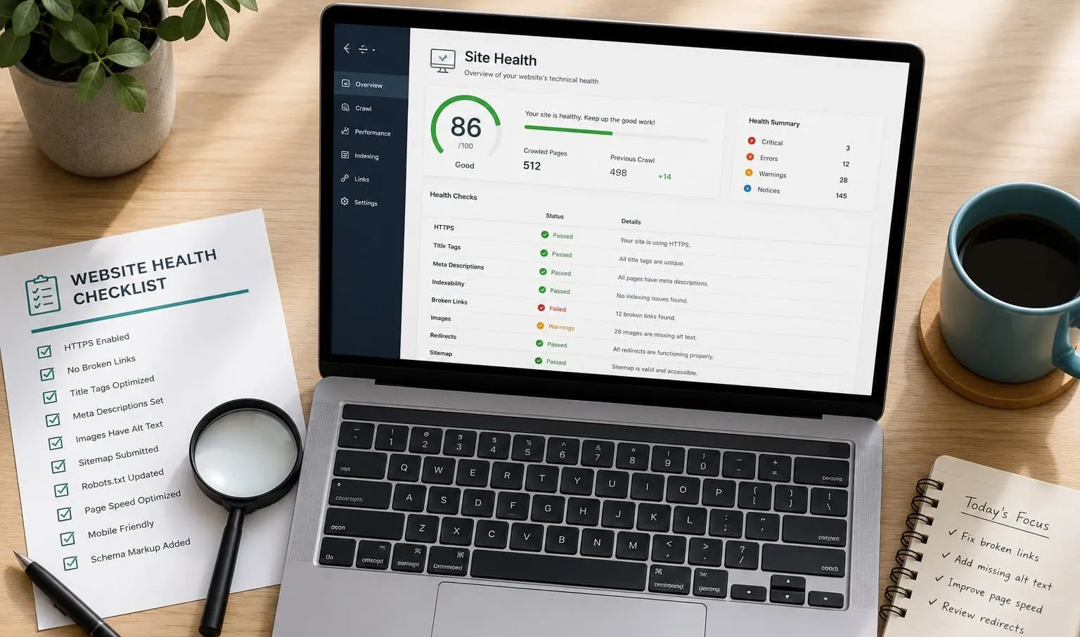 Laptop displaying a website site health dashboard with SEO checklist and audit tools on a desk