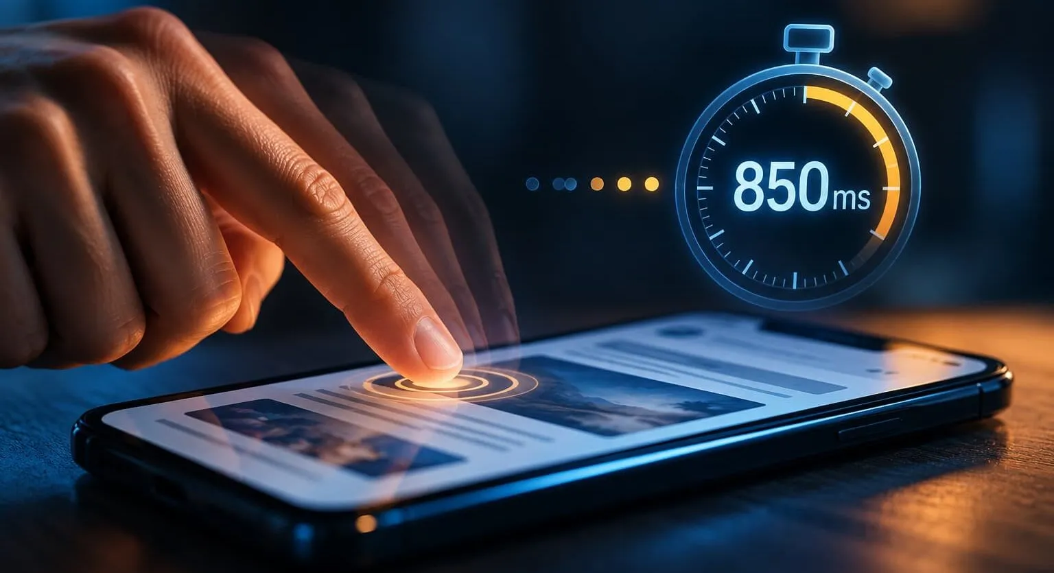Finger tapping a smartphone screen with a digital stopwatch displaying 850 milliseconds, illustrating interaction delay and mobile responsiveness.
