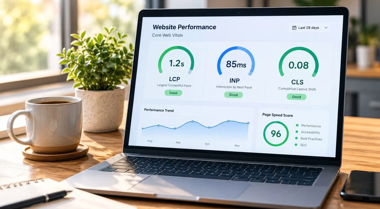 Laptop displaying a website performance dashboard with LCP, INP, and CLS Core Web Vitals metrics on a wooden desk beside a coffee cup and potted plant.