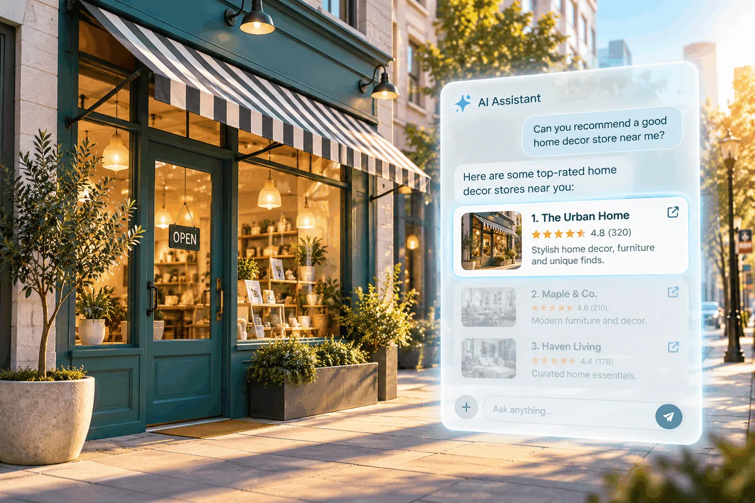 Small business storefront beside a glowing AI chat interface displaying recommended local businesses, customer ratings, and search results.