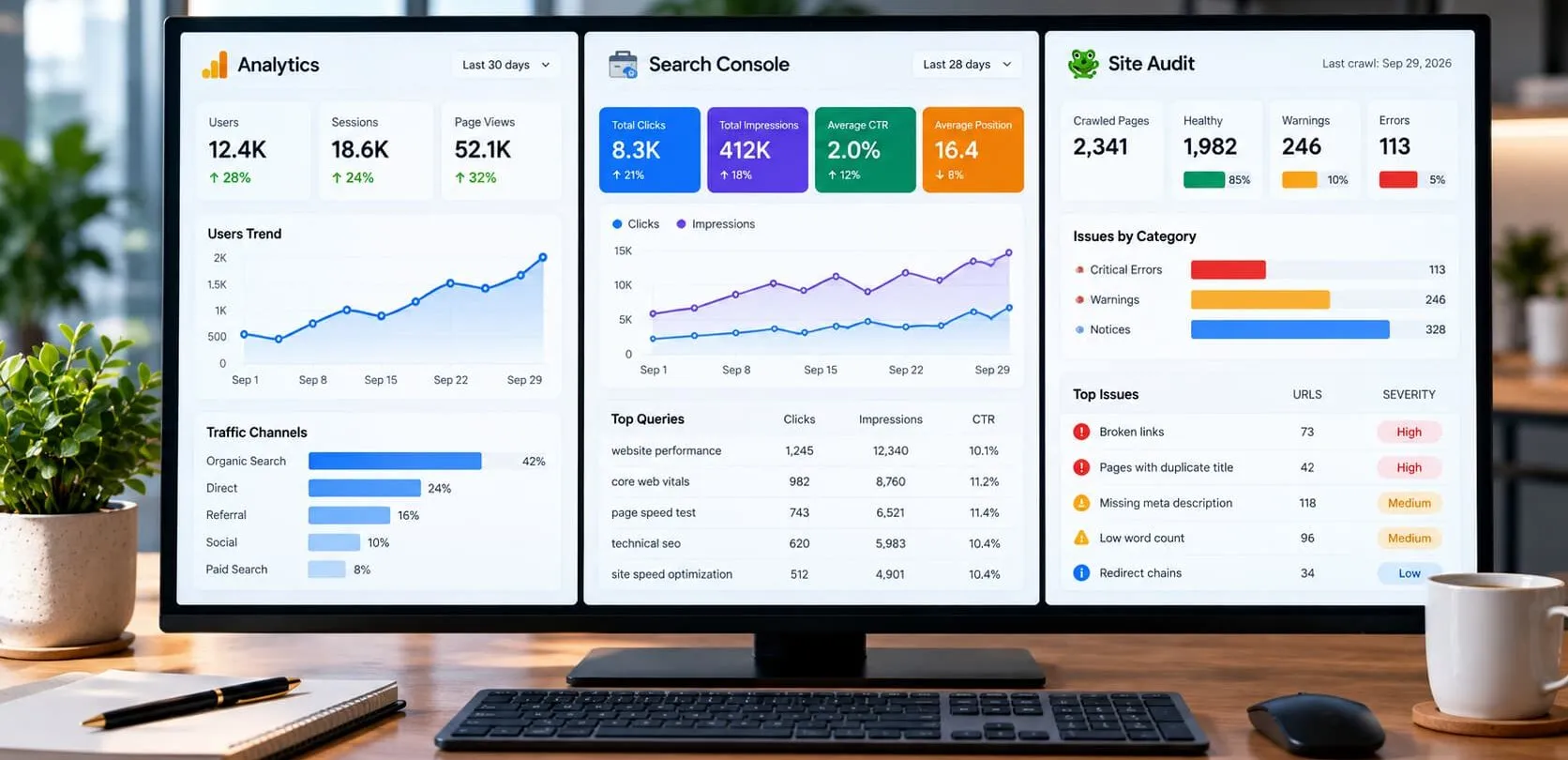 Desktop monitor displaying website analytics, search performance metrics, and a technical SEO audit dashboard with charts and color-coded issue indicators.