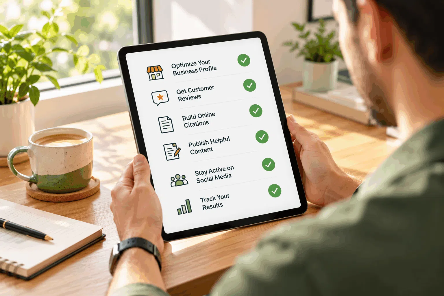 Small business owner holding a tablet displaying a completed online visibility checklist with green checkmarks at a sunlit wooden desk.