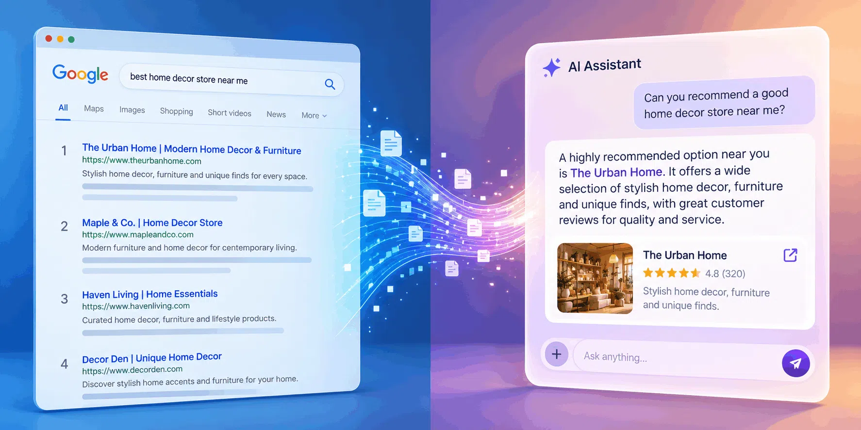Split-screen illustration comparing traditional blue search engine results with a purple AI assistant recommending a business, connected by flowing digital data particles.