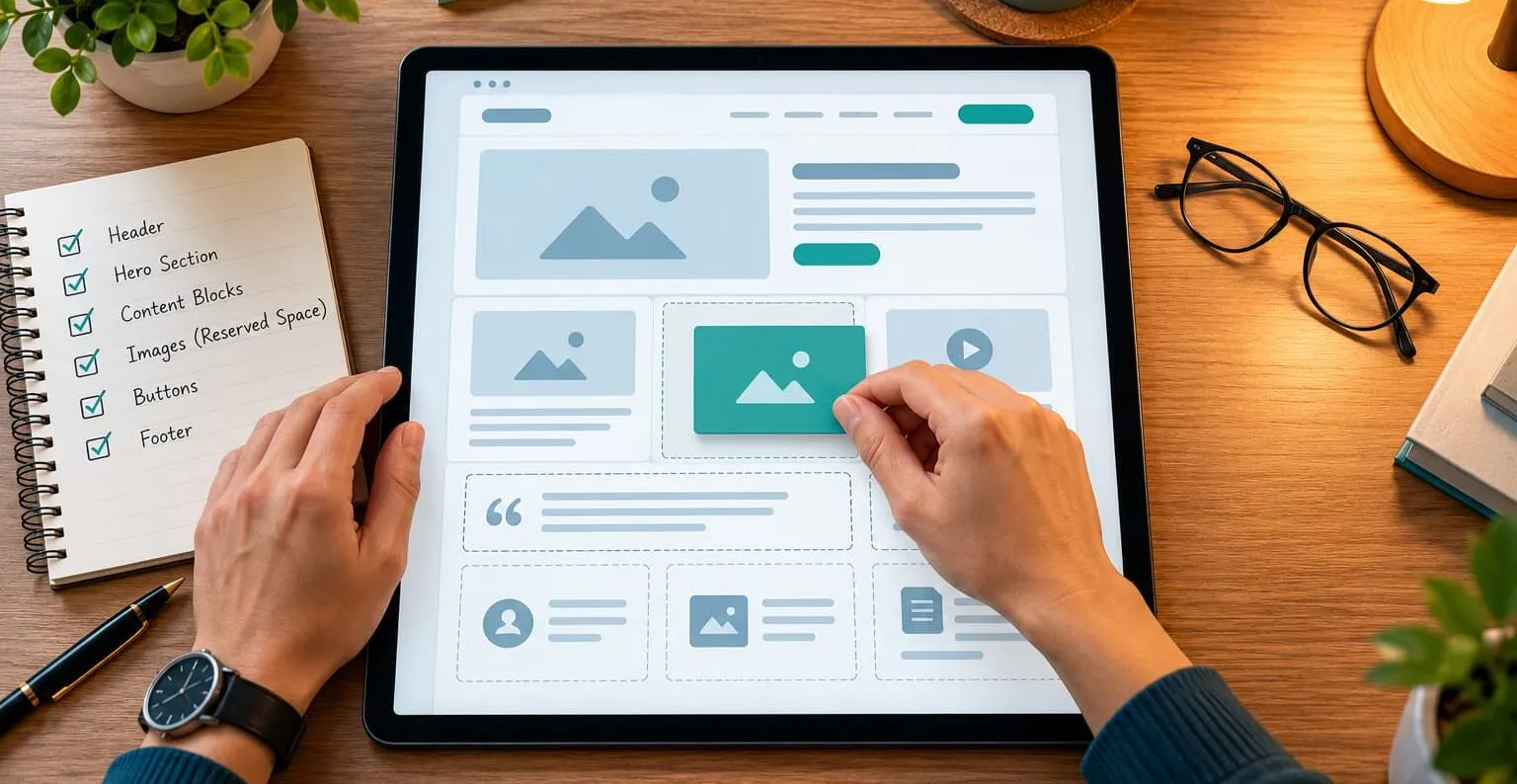 Web developer arranging content blocks and image placeholders on a tablet to demonstrate reserved space and prevent website layout shifts.